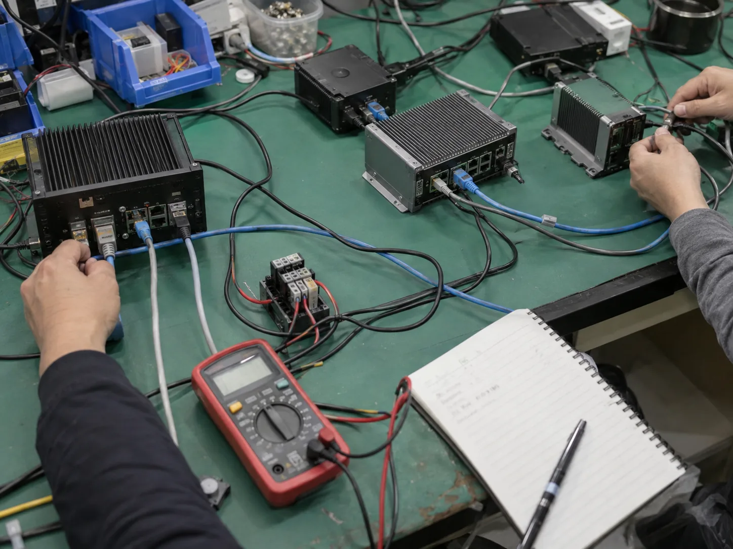 多台设备连接线缆进行接口检查